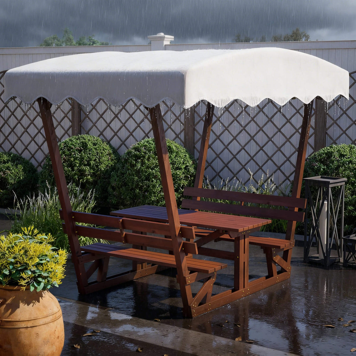 Waterproof Wood Picnic Table And Bench With Removable Canopy