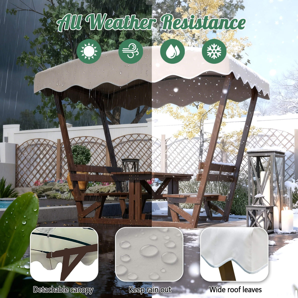 Waterproof Wood Picnic Table And Bench With Removable Canopy