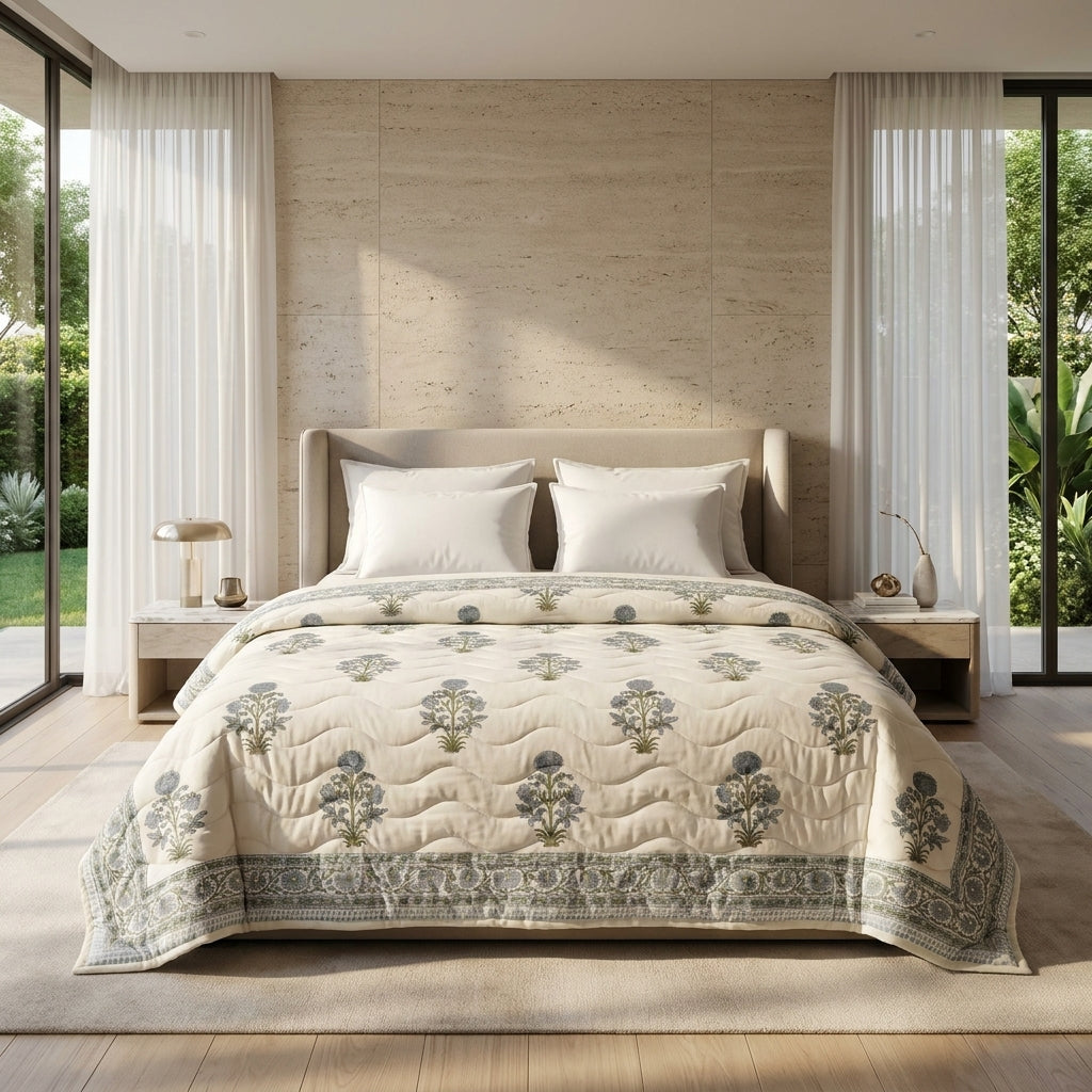 Cream & Dusty Blue Quilted Comforter