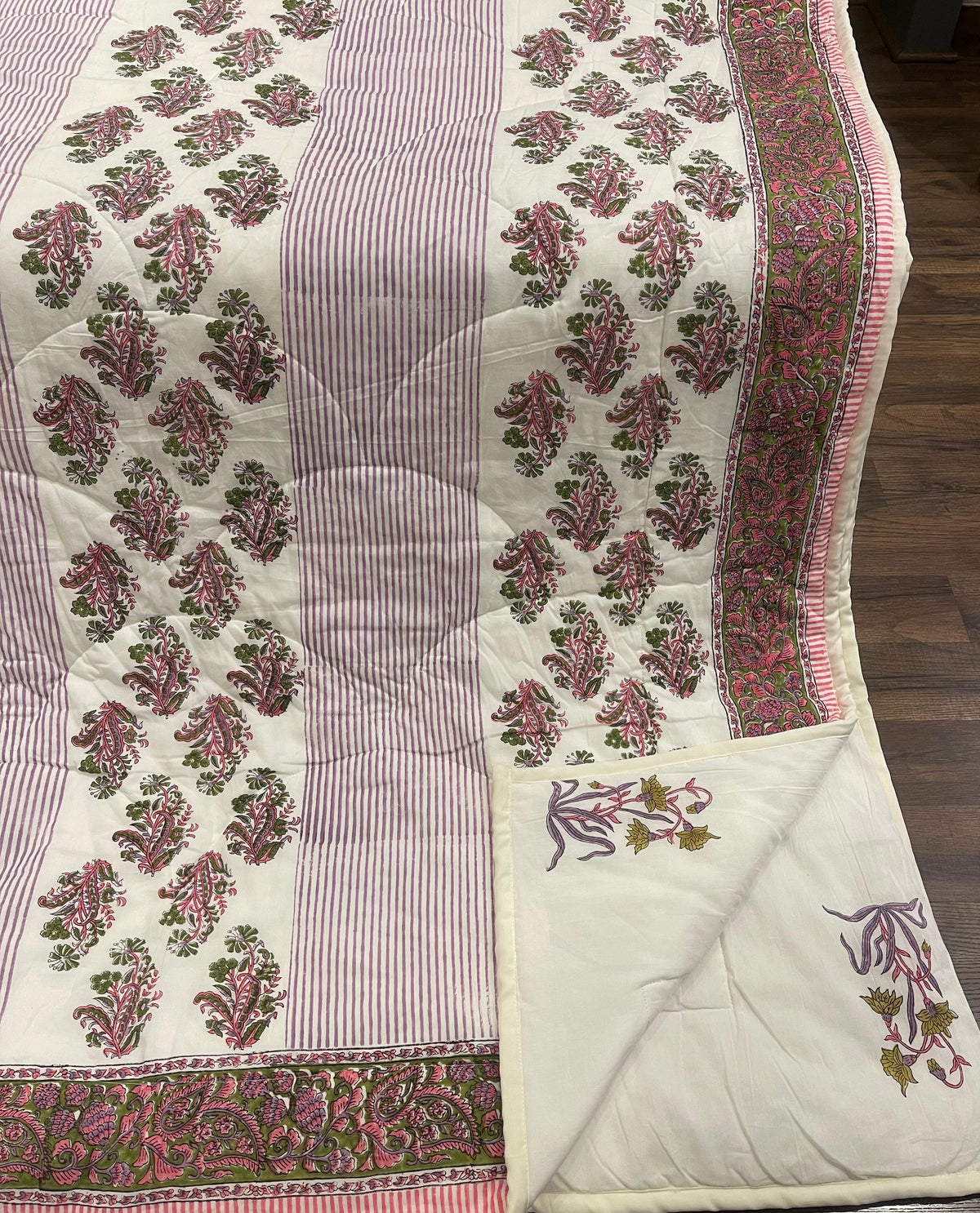 Cream Deep Pink Quilted Comforter