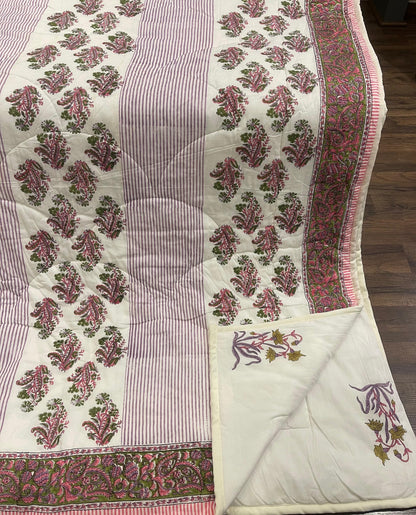 Cream Deep Pink Quilted Comforter